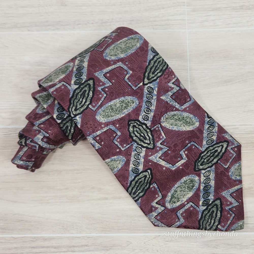 Villa Bugatti Abstract Red Burgundy, Gray,‎ Black & Green 100% Italian Silk Tie